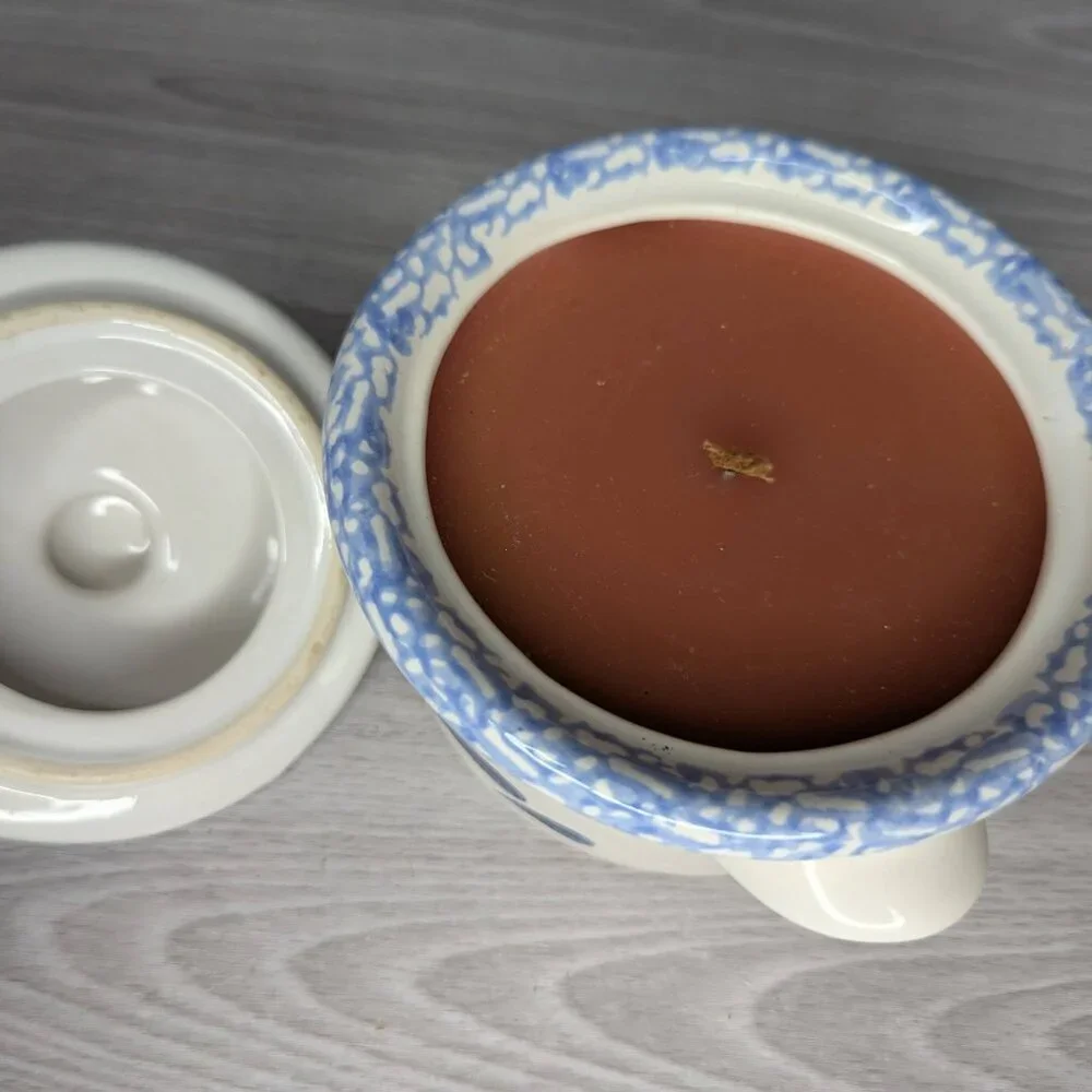 Vintage Corelle Stoneware Blue Hearts Ceramic Onion Soup Crock w/Handmade Candle